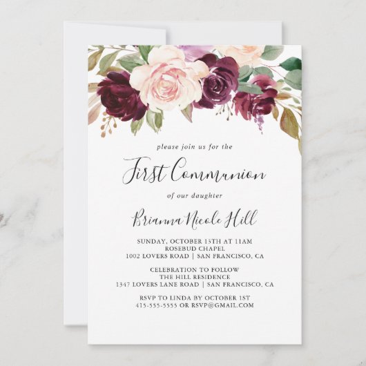 Invitation Première communion de feuillage végétal rustique (Devant)