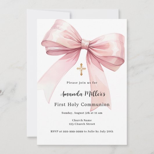 Invitation Première communion de fille arc rose (Devant)
