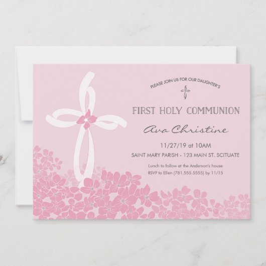 Invitation Première communion de fille avec Croix (Devant)