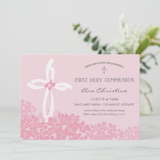 Invitation Première communion de fille avec Croix (Debout devant)