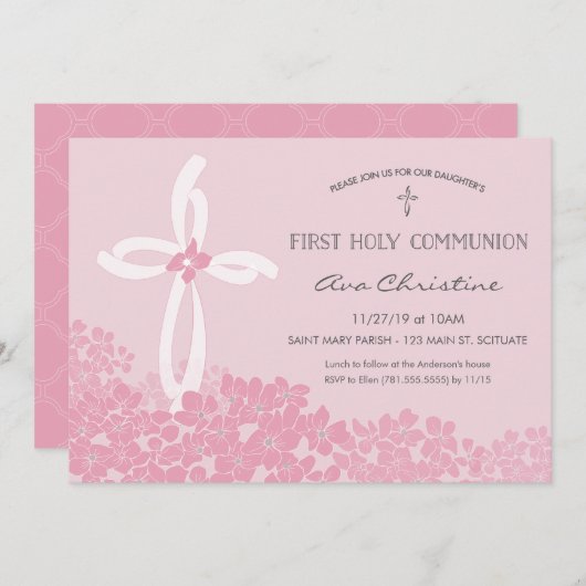 Invitation Première communion de fille avec Croix (Devant / Derrière)
