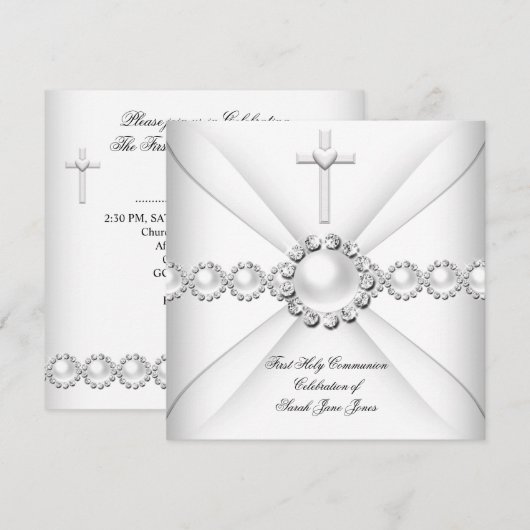 Invitation Première communion de fille Blanc Argent 2 (Devant / Derrière)