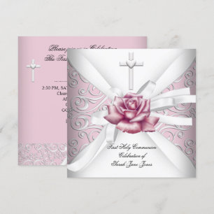 Invitation Première communion de fille damas rose blanc