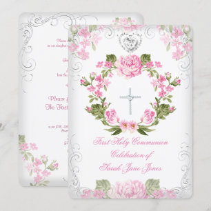 Invitation Première communion de fille Fleur rose vintage 2