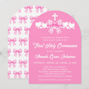 Invitation Première communion de fille noeud rose à carreaux