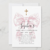 Invitation Première communion de fille rose toile bow croix (Devant)