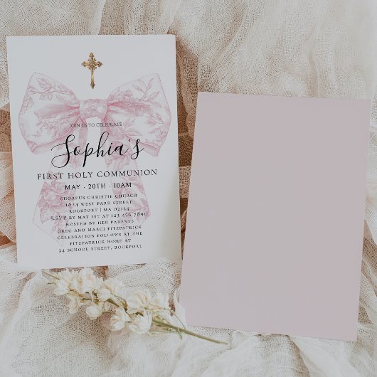 Invitation Première communion de fille rose toile bow croix