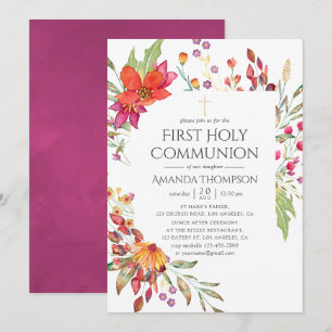 Invitation Première communion de fleur sauvage à l'aquarelle
