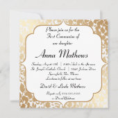 Invitation Première communion de fleurs blanches dorées métal (Devant)