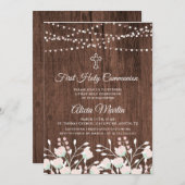 Invitation Première communion de fleurs de bois rustique (Devant / Derrière)