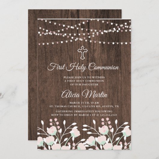 Invitation Première communion de fleurs de bois rustique (Devant / Derrière)