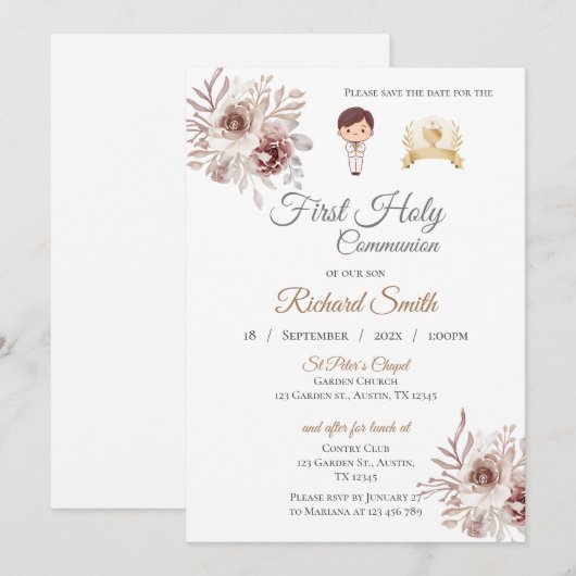 Invitation Première communion de garçon (Devant / Derrière)
