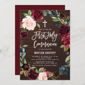 Invitation Première communion de gerbes florales en bois fonc (Devant / Derrière)