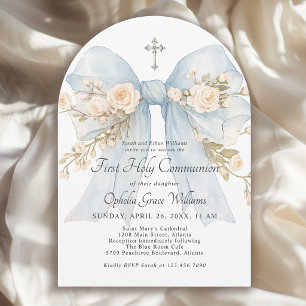 Invitation Première communion de jeune fille nœud floral bleu