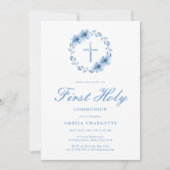 Invitation Première communion de la couronne bleu-dusty (Devant)
