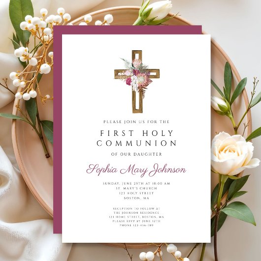 Invitation Première communion de la Croix de Boho rouge éléga