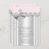 Invitation Première communion de la croix de dentelle rose (Devant / Derrière)