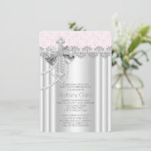 Invitation Première communion de la croix de dentelle rose (Debout devant)