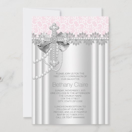 Invitation Première communion de la croix de dentelle rose (Devant)