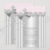 Invitation Première communion de la croix de dentelle rose (Devant / Derrière)