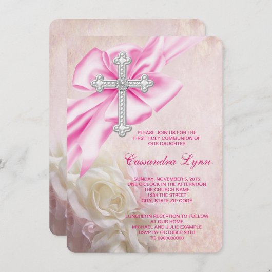 Invitation Première communion de la Croix de rose (Devant / Derrière)