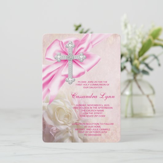 Invitation Première communion de la Croix de rose (Debout devant)