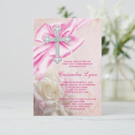 Invitation Première communion de la Croix de rose (Debout devant)