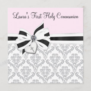 Invitation Première communion de la Croix du coeur noire rose