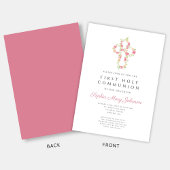 Invitation Première communion de la croix florale rose élégan