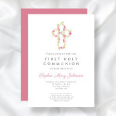 Invitation Première communion de la croix florale rose élégan