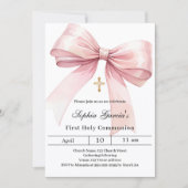Invitation Première communion de la fille rose bow (Devant)