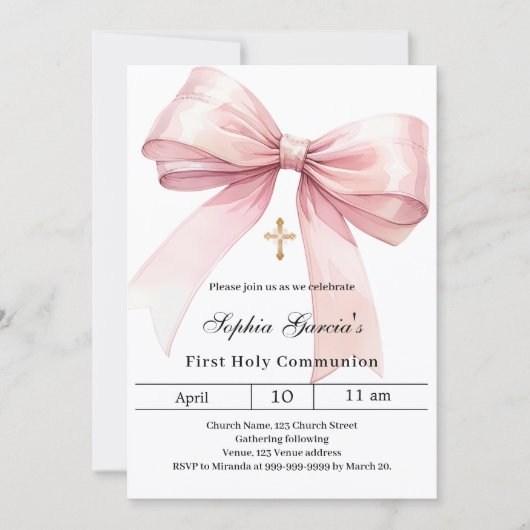 Invitation Première communion de la fille rose bow (Devant)