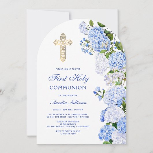 Invitation Première communion de l'arc bleu Hydrangea (Devant)