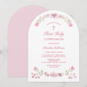 Invitation Première communion de l'arc de fleurs roses (Devant / Derrière)
