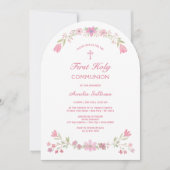 Invitation Première communion de l'arc de fleurs roses (Devant)