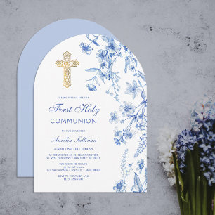 Invitation Première communion de l'Arc Fleur sauvage bleu fra