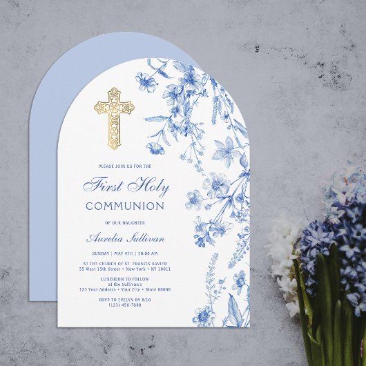 Invitation Première communion de l'Arc Fleur sauvage bleu fra