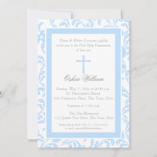 Invitation Première communion de Paisley bleu doux (Devant)