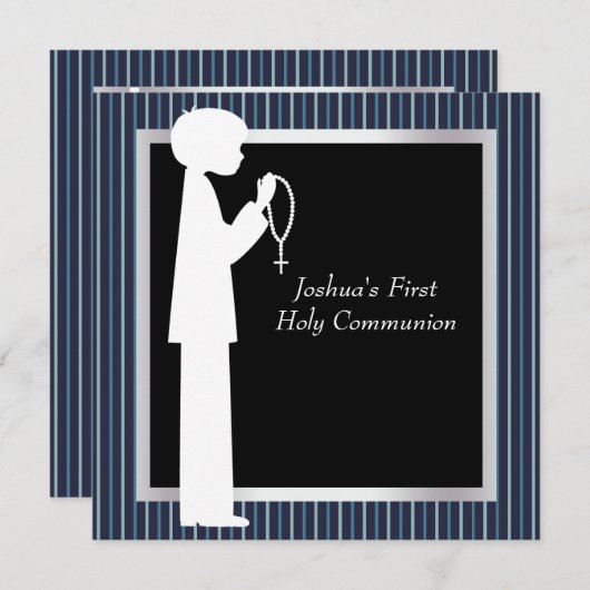 Invitation Première communion de rayure de garçons blancs (Devant / Derrière)