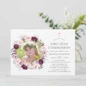 Invitation Première communion de velours profond et de fleurs (Debout devant)