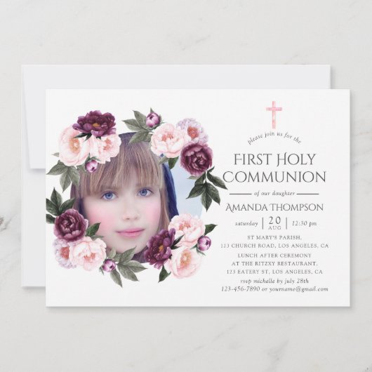 Invitation Première communion de velours profond et de fleurs (Devant)