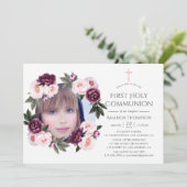 Invitation Première communion de velours profond et de fleurs (Debout devant)