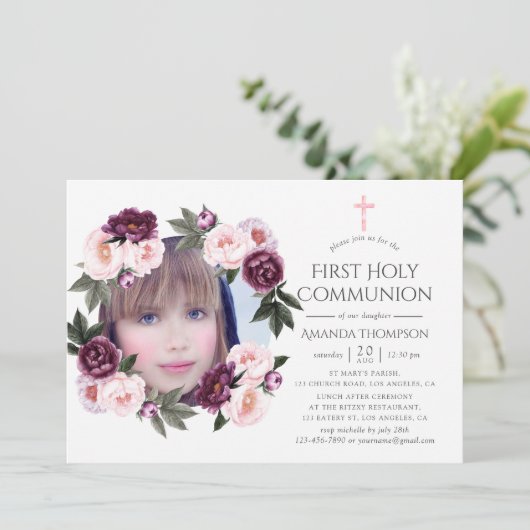 Invitation Première communion de velours profond et de fleurs (Debout devant)