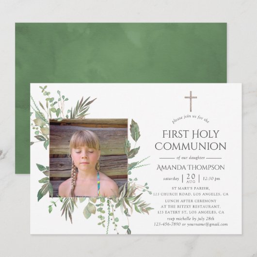 Invitation Première communion de verdure de forêt à l'aquarel (Devant / Derrière)