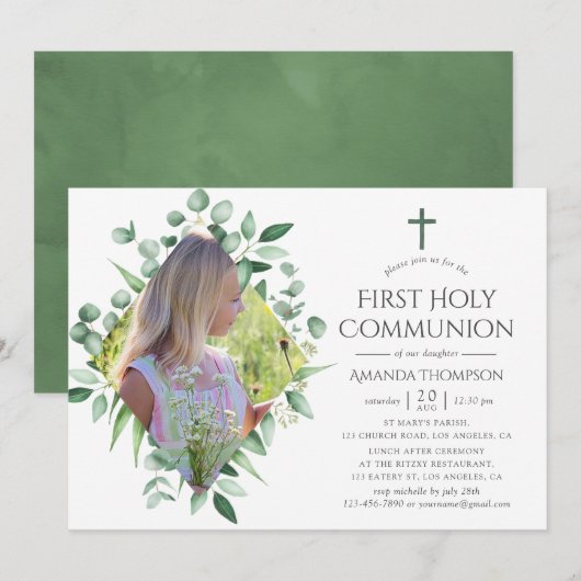 Invitation Première communion de verdure de forêt à l'aquarel (Devant / Derrière)