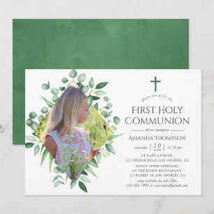 Invitation Première communion de verdure de forêt à l'aquarel
