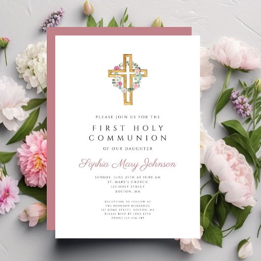 Invitation Première communion d'Élégante couronne de fleurs r