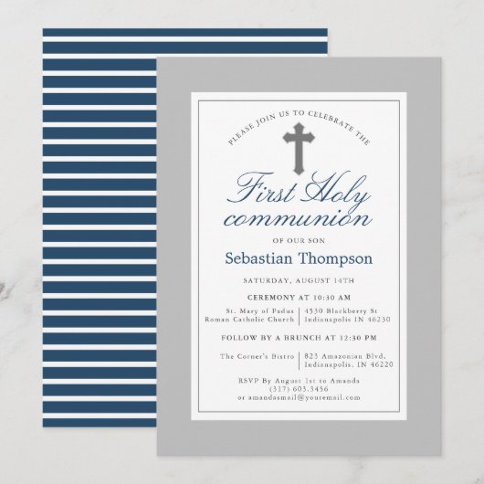 Invitation Première communion d'élégante marine et rayures bl (Devant / Derrière)