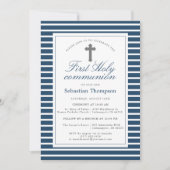Invitation Première communion d'élégante marine et rayures bl (Devant)