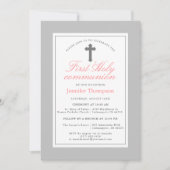 Invitation Première communion d'élégante rayures rose et gris (Devant)